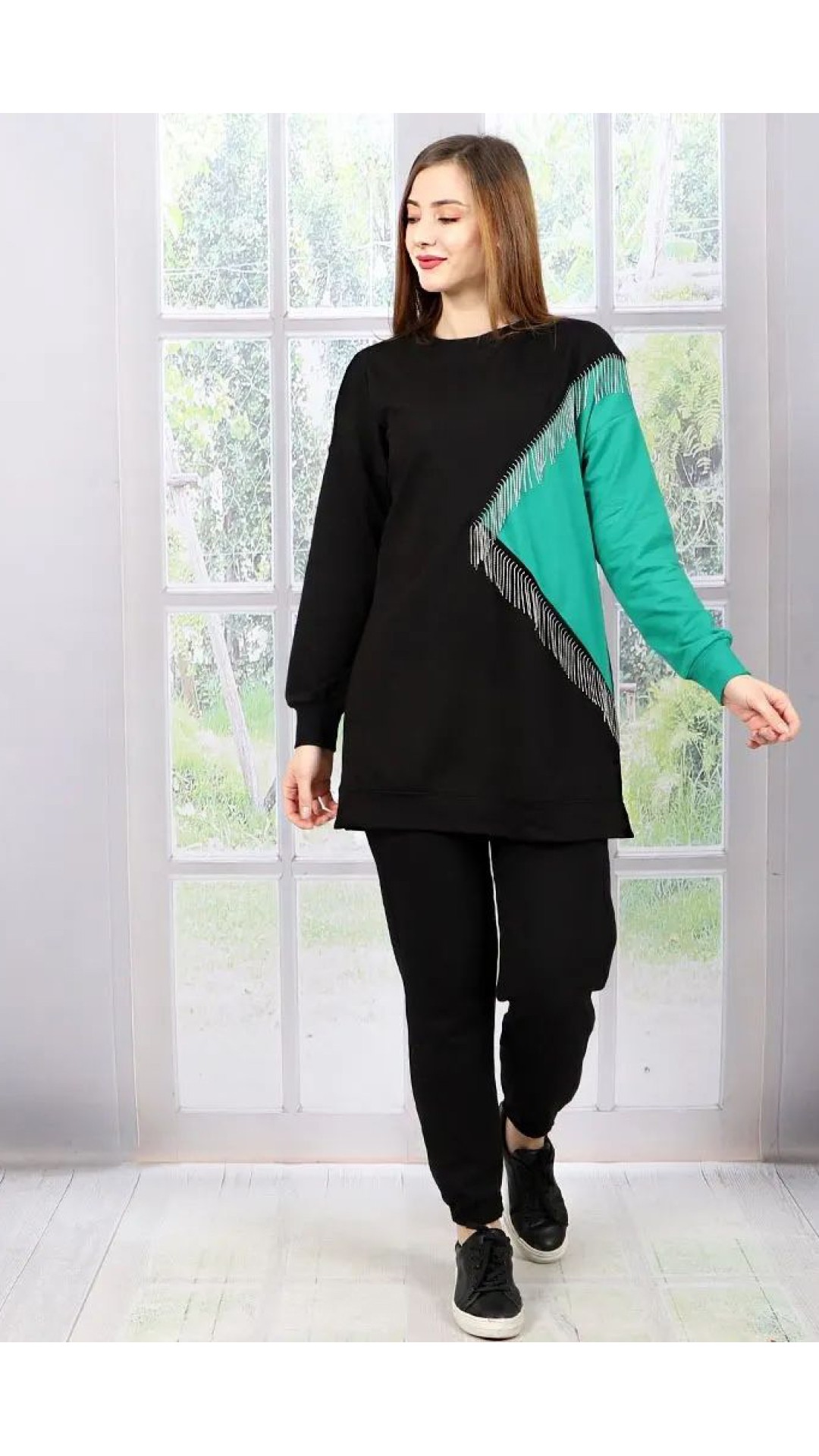 Parçalı Penye Tunik Yeşil